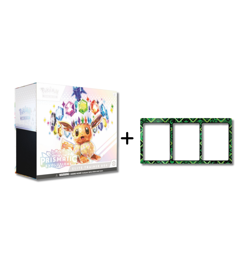 Karetní hra Pokémon TCG: Prismatic Evolutions Elite Trainer Box + magnetický stojánek na 3 karty zelený