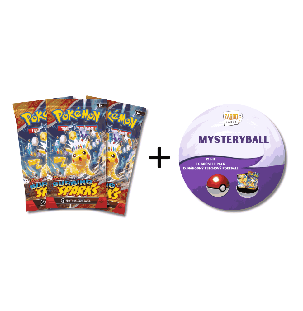 Karetní hra Pokémon TCG: 3x Surging Sparks booster pack + Mystery Ball